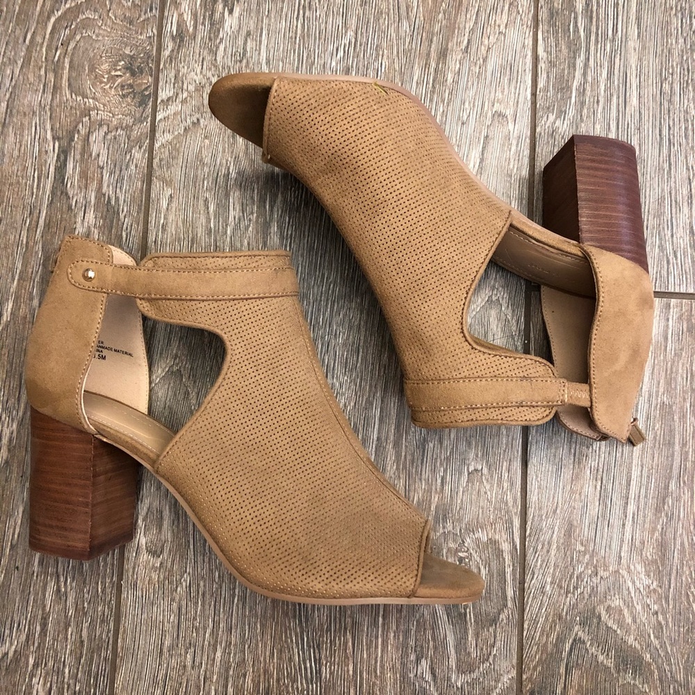 Suede Tan Peep Toe Booties w/Gold Hardware 8.5